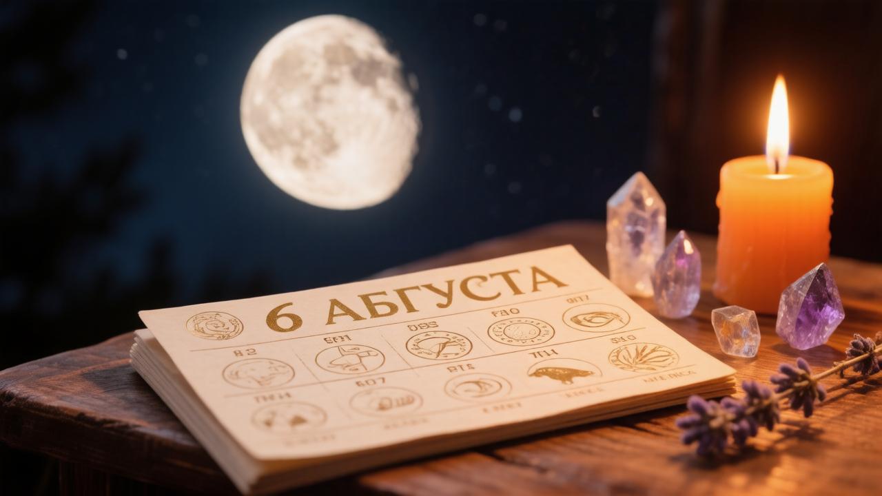 Убывающая Луна, календарь со зодиакальными символами и свеча — иллюстрация к астрологическому прогнозу на 6 августа.